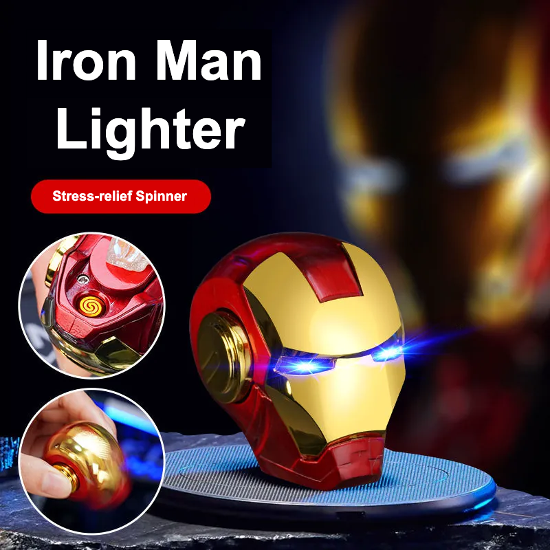 High-end personalized creative light-up DIY Iron Man rechargeable windproof lighter with fidget spinner, stress-relief gift for boyfriend