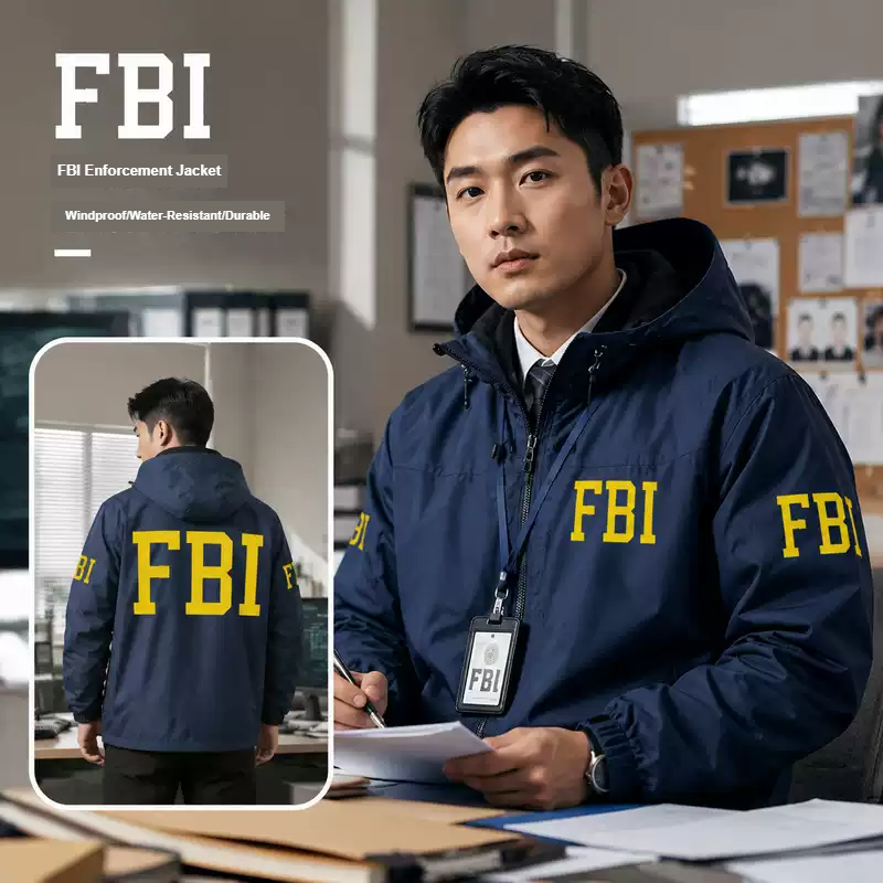 NASA FBI Co-branded Hardshell Jacket - Men's Fall/Winter Waterproof Coat Inspired by Federal Bureau of Investigation Movie Agents